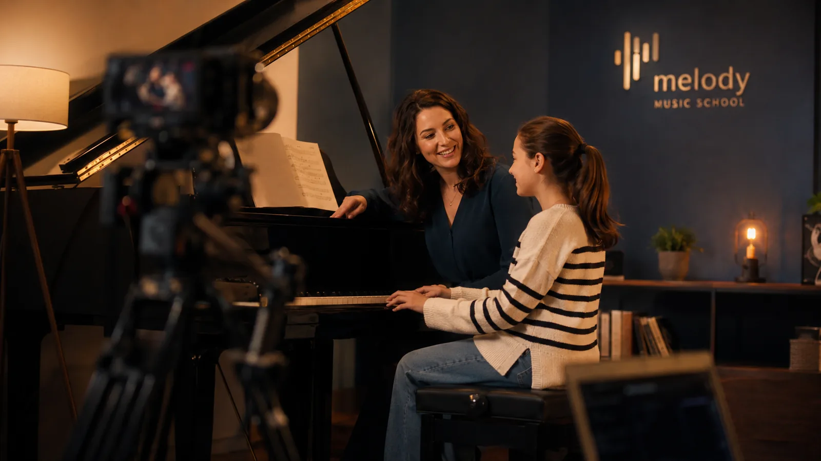 A video camera on a tripod filming a teacher and student at a piano during a music school commercial shoot